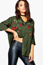 Boohoo Stella Embroidered 3/4 Sleeve Shirt Khaki