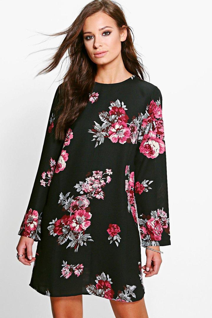 Boohoo Katy Floral Long Sleeved Shift Dress Multi