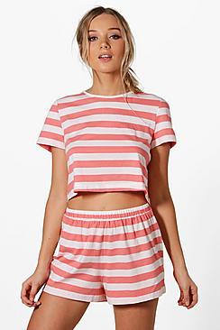 Boohoo Rose Stripe Tee + Short Pj Set