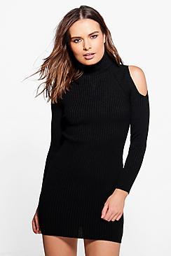 Boohoo Jasmine Roll Neck Cold Shoulder Rib Knit Dress