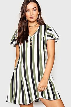 Boohoo Mock Horn Button Detail Stripe Shift Dress