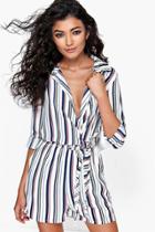 Boohoo Adelle Striped Shirt Style Tie Side Playsuit Multi