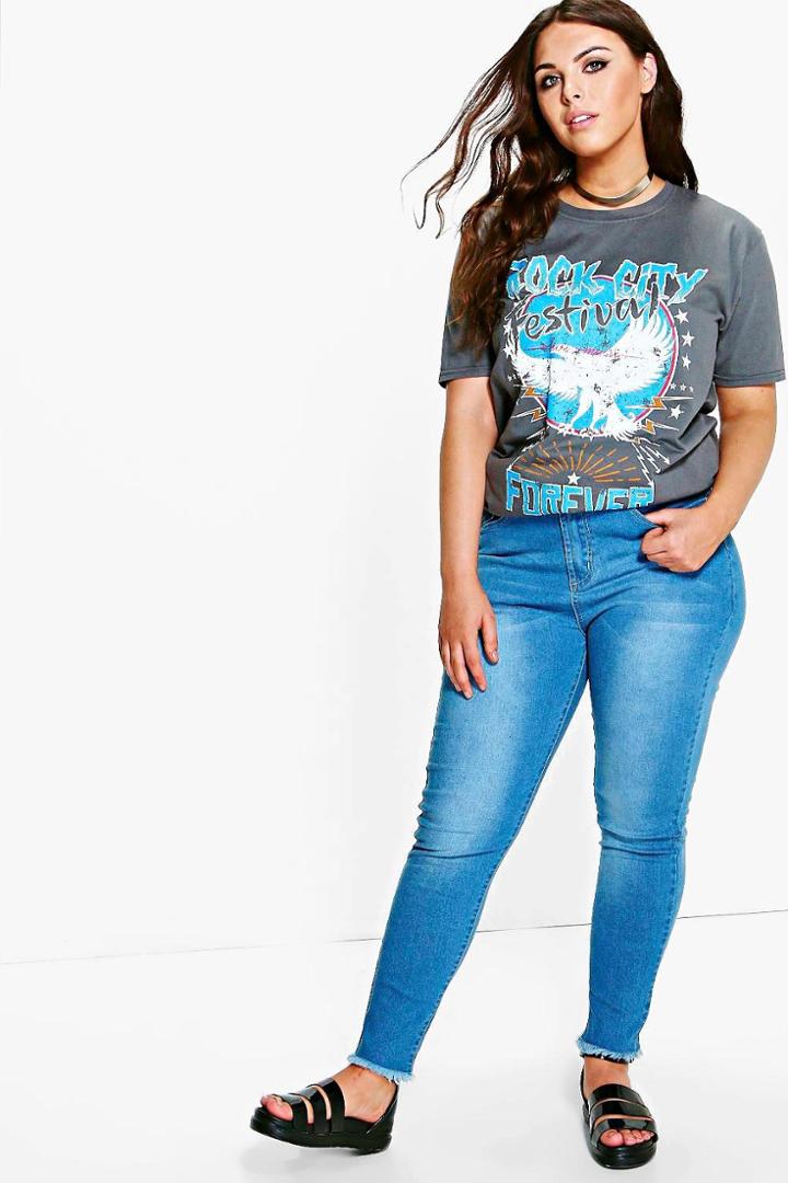 Boohoo Plus Emelie High Waist Fray Hem Tube Jean Blue