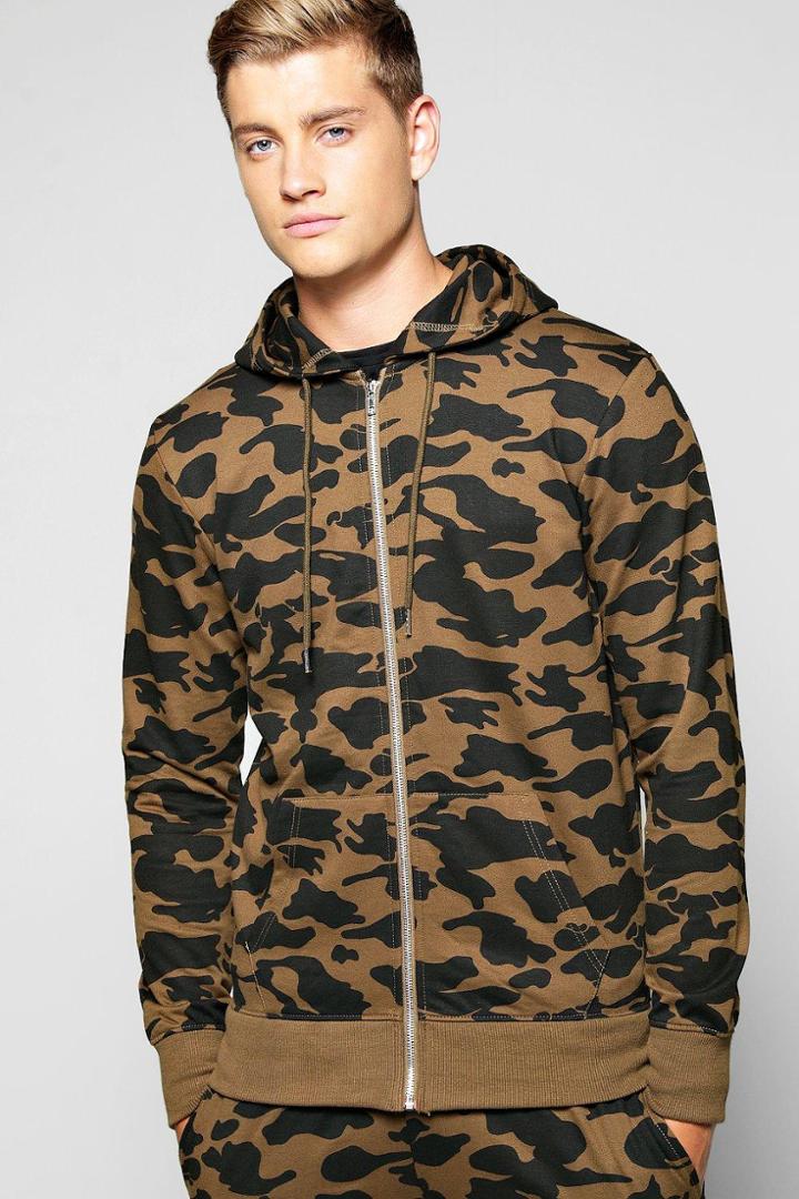 Boohoo Camo Zip Through Hoodie Khaki