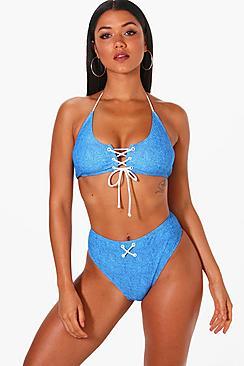 Boohoo Florence Denim High Leg Lace Up Crop Bikini