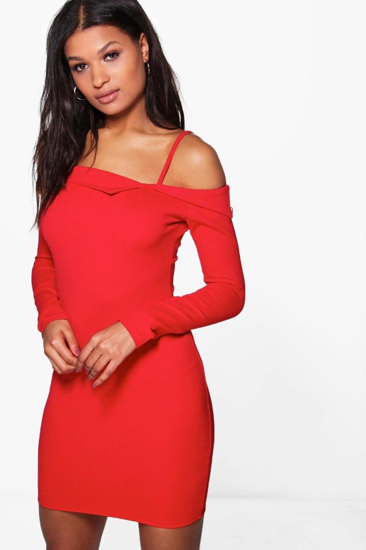 Boohoo Katy Cold Shoulder Fold Bodycon Dress Red