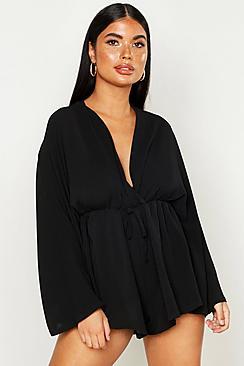 Boohoo Petite Woven Kimono Sleeve Beach Playsuit