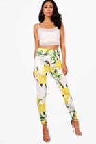 Boohoo Eva Lemon Print Stretch Skinny Trousers Yellow
