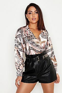 Boohoo Satin Chain Print Cowl Neck Shirt