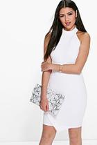 Boohoo Mai High Neck Asymmetric Wrap Bodycon Dress