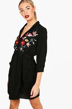 Boohoo Mia Embroidered Front Tie Waist Shirt Dress