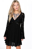 Boohoo Selma Corded Lace Button Woven Smock Dress Black