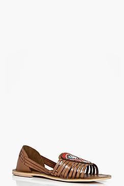 Boohoo Darcy Embellished Peeptoe Woven Leather Flat
