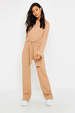 Boohoo Tie Front Rib Jumpsuit