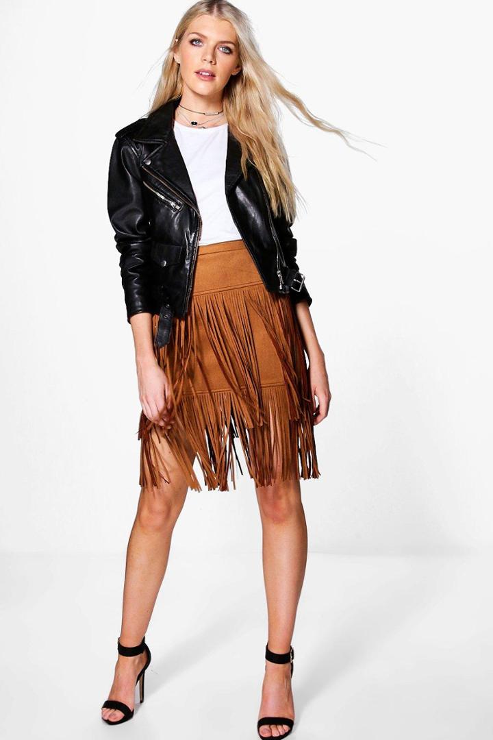 Boohoo Anja Bonded Suedette Tassle Midi Skirt Tan