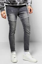 Boohoo Skinny Ribbed Biker Jeans With Abrasions Grey