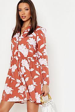 Boohoo Tall Floral Print Shirt Dress