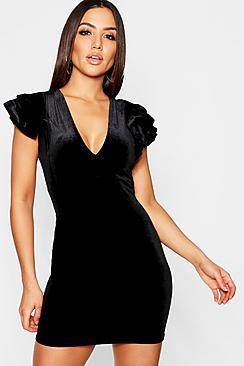 Boohoo Velvet Plunge Ruffle Detail Bodycon Dress