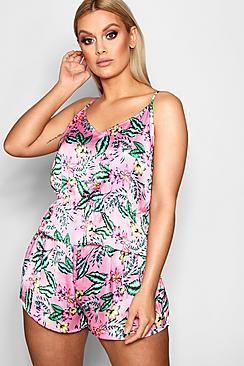 Boohoo Plus Elena Bright Palm Print Ruffle Cami & Short Set
