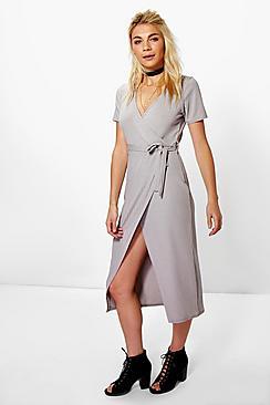Boohoo Sonya Rib Wrap Midi Dress