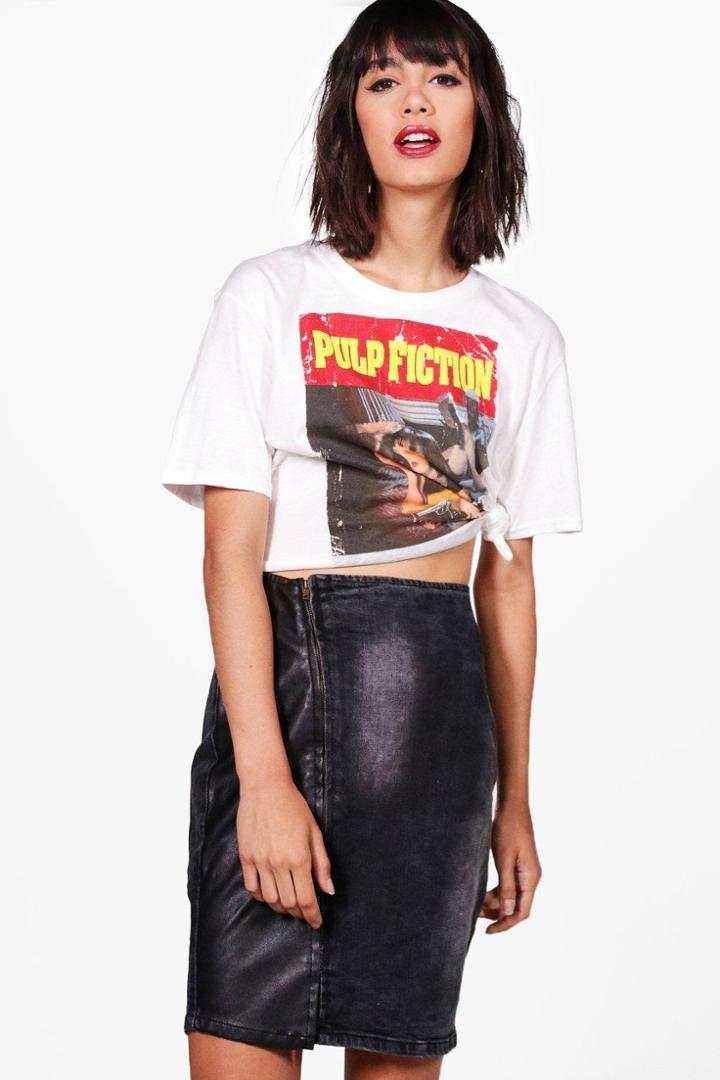 Boohoo Carly Asymmetric Zip Front Bodycon Denim Skirt Black