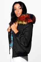 Boohoo Brooke Multicoloured Faux Fur Hooded Bomber Black
