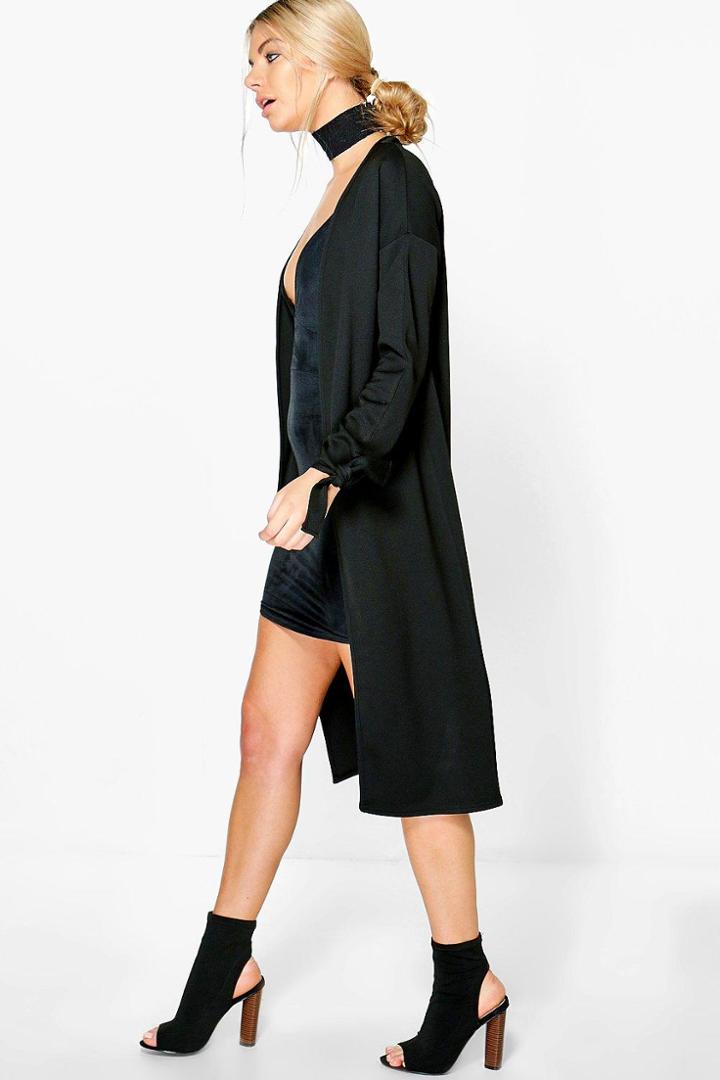 Boohoo Zoe Tie Cuff Collarless Duster Black