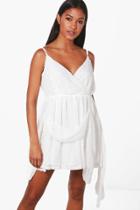 Boohoo Beatrice Dobby Chiffon Drape Skater Dress White