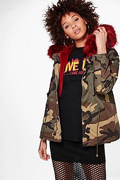 Boohoo Natalie Short Camo Faux Fur Lined Parka