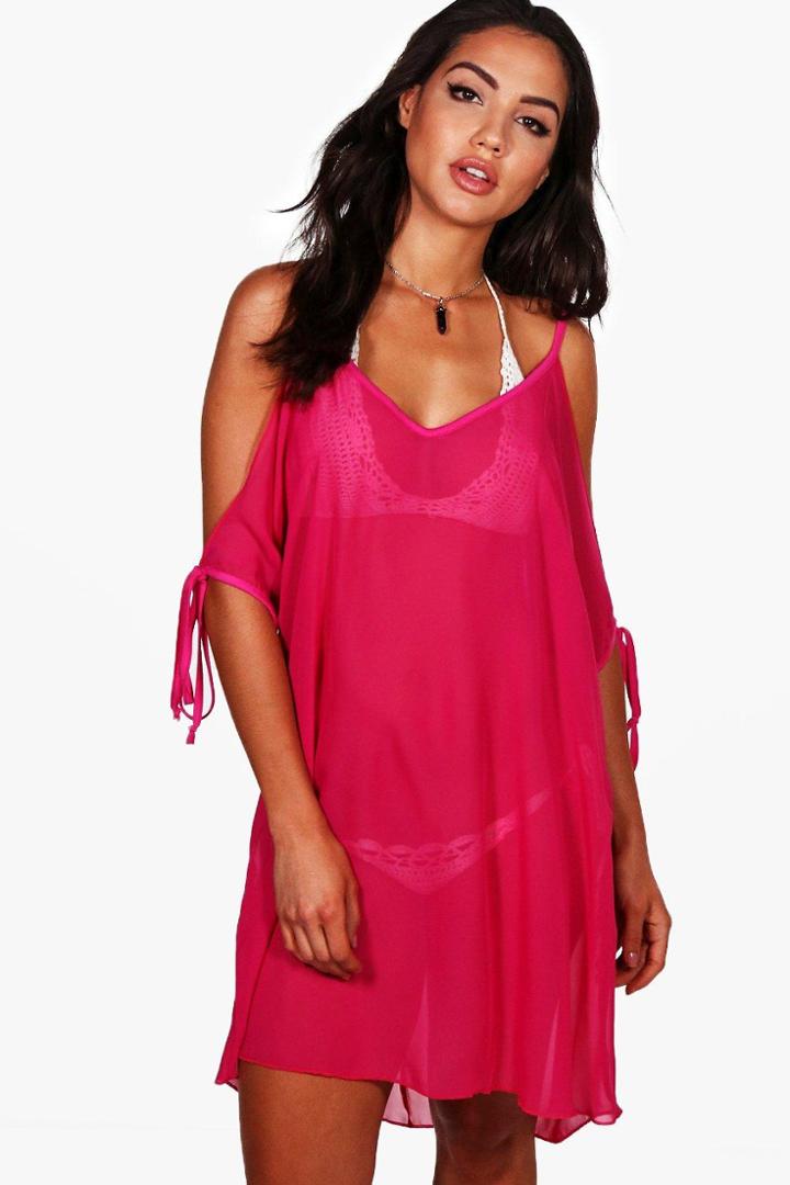 Boohoo Evie Tie Sleeve Cold Shoulder Beach Dress Cerise