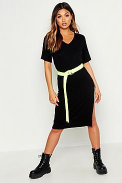 Boohoo V Neck Split Midi T-shirt Dress