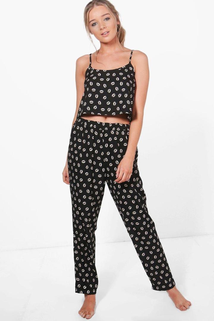 Boohoo Lottie Lip Print Trouser & Crop Set Black