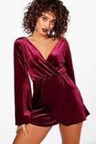 Boohoo Mattie Wrap Flared Sleeve Velvet Playsuit