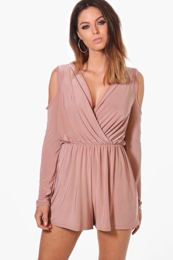 Boohoo Faye Cold Shoulder Slinky Playsuit Mocha