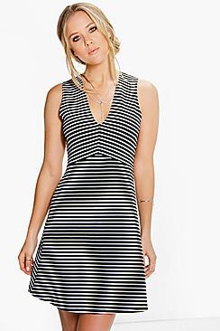 Boohoo Laura Plunge Stripe Skater Dress