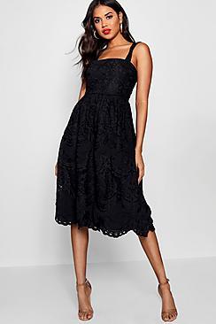 Boohoo El Embroidered Square Neck Midi Skater Dress