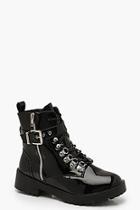 Boohoo Patent Buckle Strap Cleated Hiker Boots