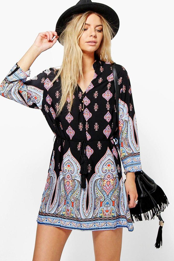 Boohoo Melody Paisley Tie Waist Shift Dress Black