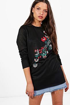 Boohoo Paige Floral Embroidered Print Knitted Tunic