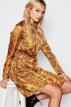 Boohoo Tall Knot Front Snake Print Satin Skater Dress