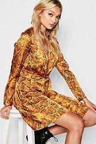 Boohoo Tall Knot Front Snake Print Satin Skater Dress