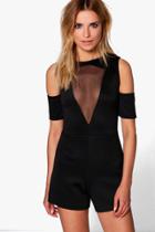 Boohoo Zena Mesh Front Cold Shoulder Playsuit Black