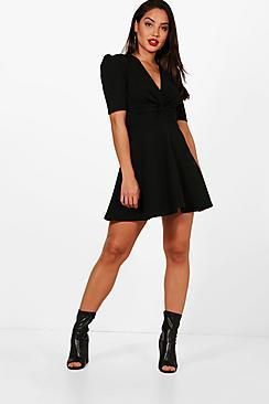 Boohoo Si Knot Front Fit & Flare Angel Sleeve Dress