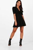 Boohoo Si Knot Front Fit & Flare Angel Sleeve Dress