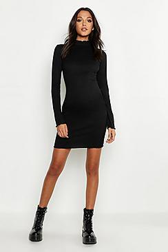 Boohoo Tall Rib High Neck Lettuce Hem Bodycon Dress