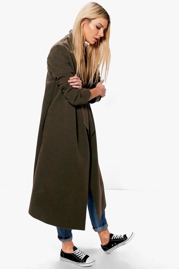 Boohoo Natalia Wool Look Shawl Collar Coat Khaki