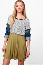 Boohoo Arianna Button Front Jersey Skater Skirt Olive