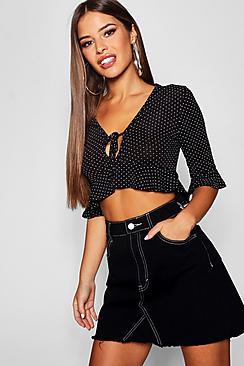 Boohoo Petite Polka Dot Plisse Frill Detail Top