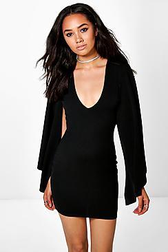 Boohoo Petite Faith Cape Sleeve Plunge Dress