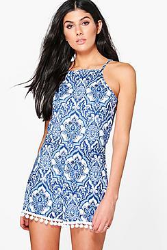 Boohoo Sarah Blue Paisley Print Pom Trim Playsuit